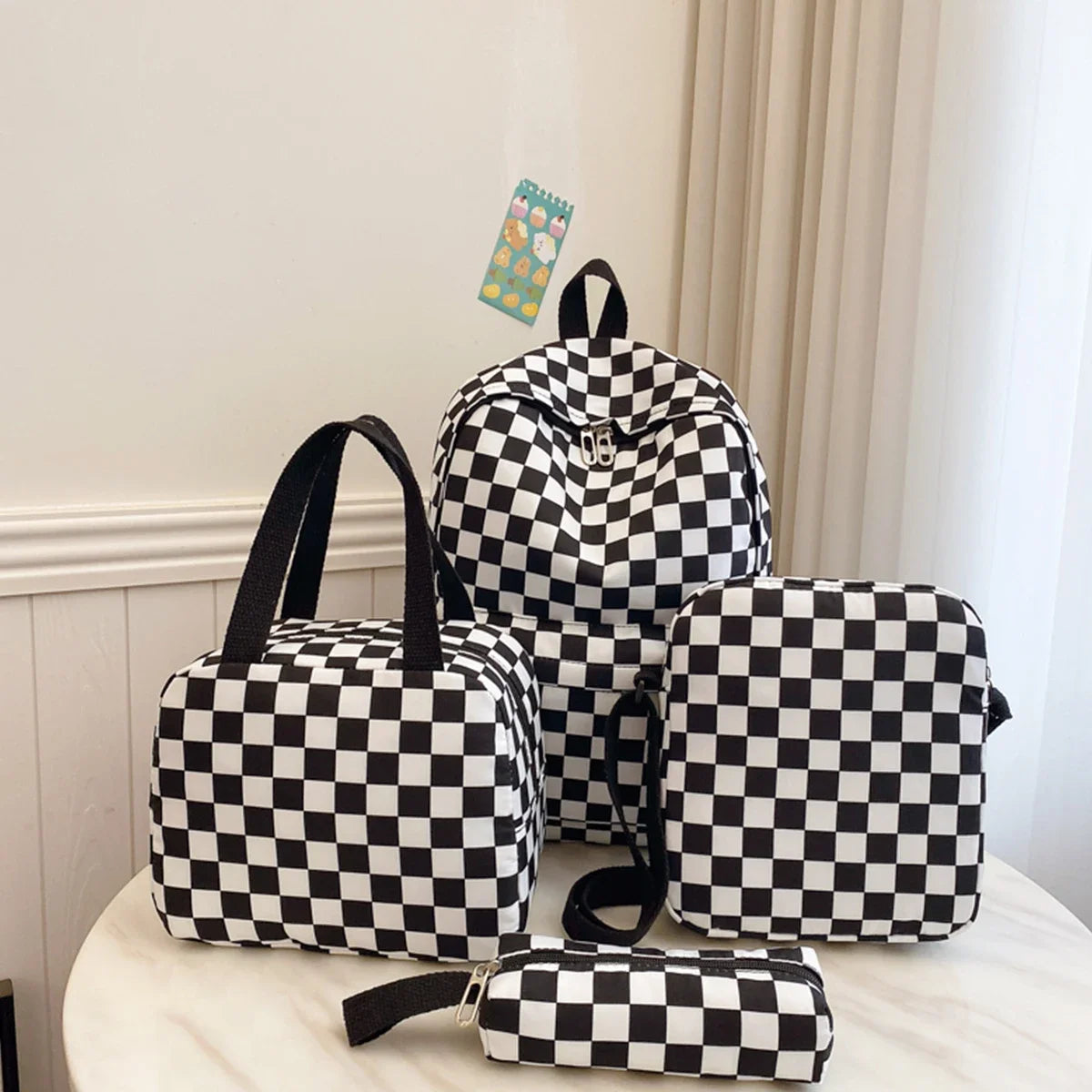 Checkerboard 4Pcs Backpack Set Crossbody&Handbag&Pen Case Stitching Multi Pocket Adjustable Straps Campus Commute Bundle
