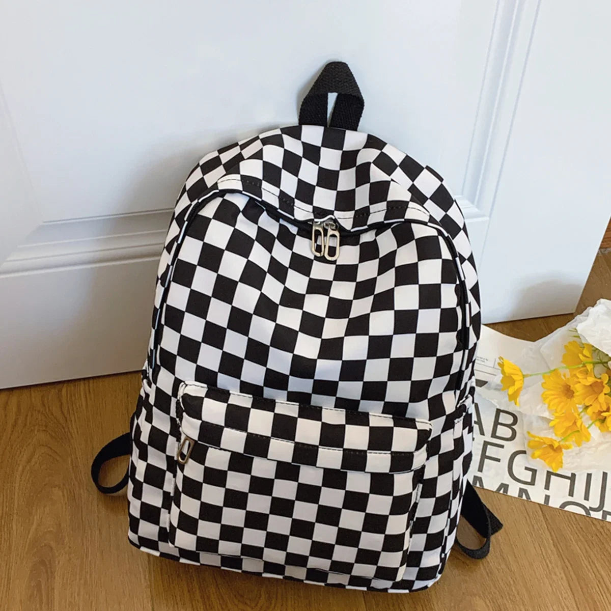 Checkerboard Laptop Backpack for Women - Fashion Print Crossbody Set Multi Pocket Adjustable Straps Campus Commute Essentials