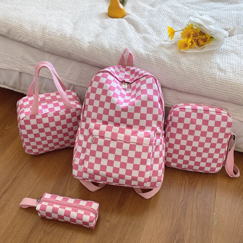 Checkerboard 4Pcs Backpack Set Crossbody&Handbag&Pen Case Stitching Multi Pocket Adjustable Straps Campus Commute Bundle