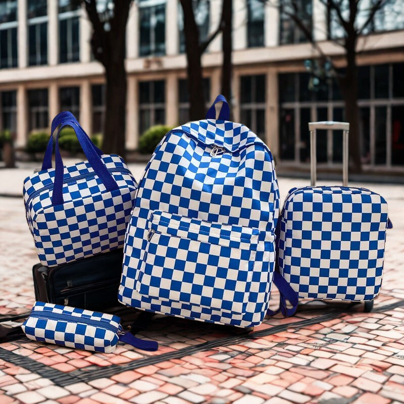 Ensemble de 4 sacs à dos motif damier – Sac à dos, sac bandoulière, sac à main et trousse – Multi-poches, bretelles réglables, idéal pour le campus ou les trajets