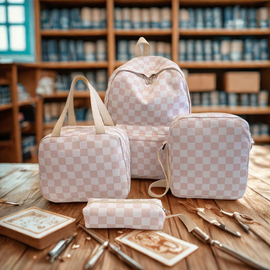 Checkerboard 4Pcs Backpack Set Crossbody&Handbag&Pen Case Stitching Multi Pocket Adjustable Straps Campus Commute Bundle
