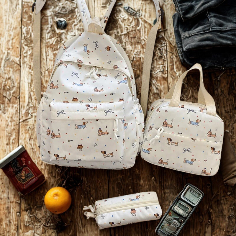 Mignon ensemble de sac à dos en dessin animé pour femmes 3 pièces, sac à main et trousse à crayons, grande capacité, ensemble scolaire en nylon, sangles réglables pour le quotidien.