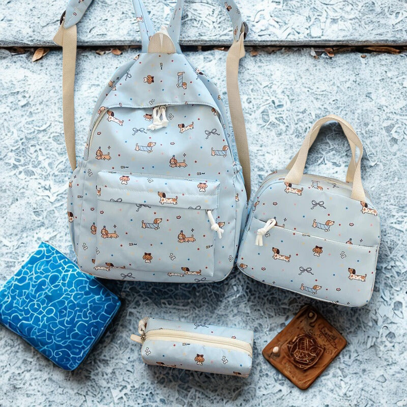 Mignon ensemble de sac à dos en dessin animé pour femmes 3 pièces, sac à main et trousse à crayons, grande capacité, ensemble scolaire en nylon, sangles réglables pour le quotidien.