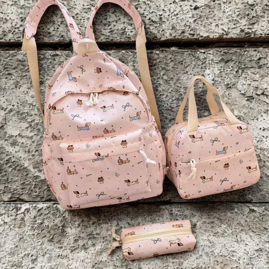 Mignon ensemble de sac à dos en dessin animé pour femmes 3 pièces, sac à main et trousse à crayons, grande capacité, ensemble scolaire en nylon, sangles réglables pour le quotidien.