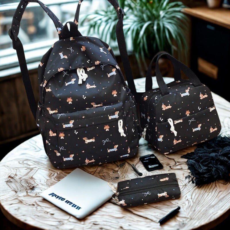 Mignon ensemble de sac à dos en dessin animé pour femmes 3 pièces, sac à main et trousse à crayons, grande capacité, ensemble scolaire en nylon, sangles réglables pour le quotidien.