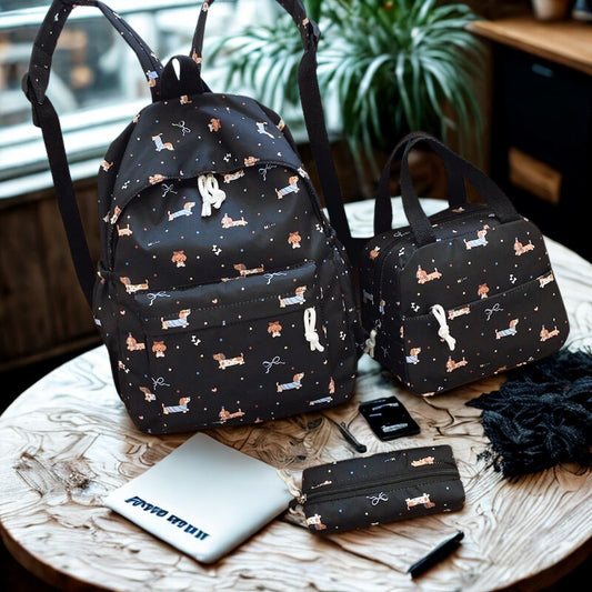 Mignon ensemble de sac à dos en dessin animé pour femmes 3 pièces, sac à main et trousse à crayons, grande capacité, ensemble scolaire en nylon, sangles réglables pour le quotidien.